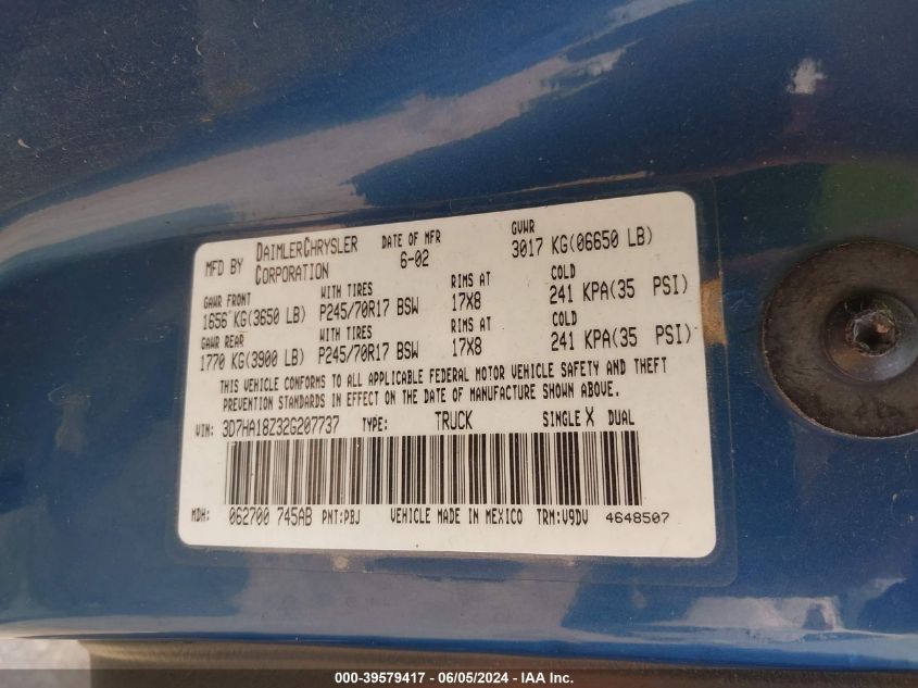 2002 Dodge Ram 1500 St VIN: 3D7HA18Z32G207737 Lot: 39579417