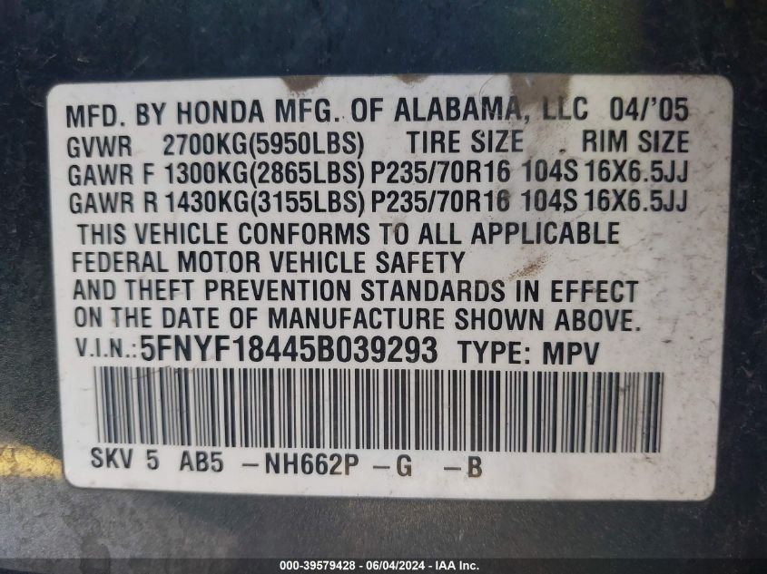 2005 Honda Pilot Ex VIN: 5FNYF18445B039293 Lot: 39579428