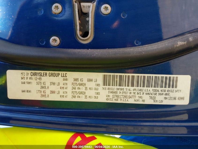 2010 Dodge Ram 1500 Slt/Sport/Trx VIN: 1D7RB1CT2AS164777 Lot: 39579443