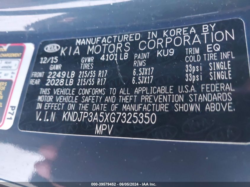 2016 Kia Soul + VIN: KNDJP3A5XG7325350 Lot: 39579452