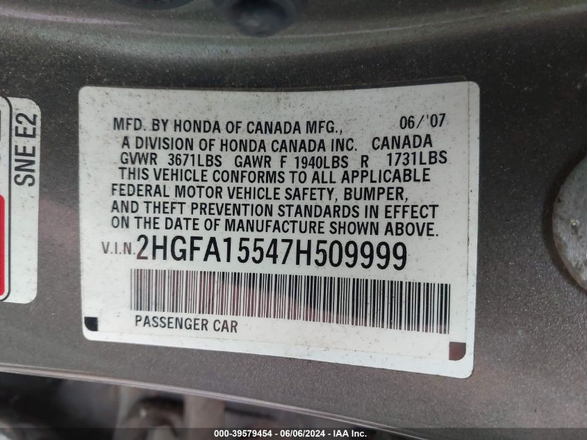 2007 Honda Civic Lx VIN: 2HGFA15547H509999 Lot: 39579454