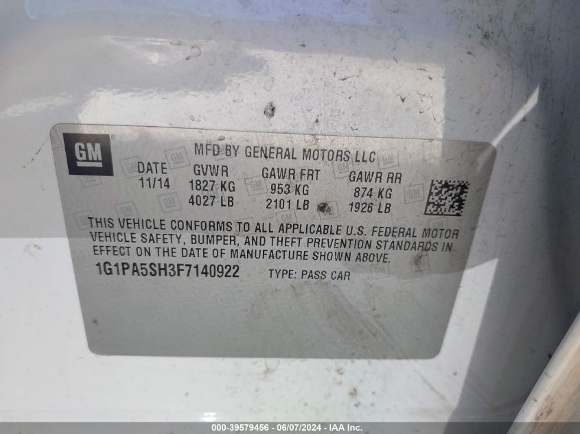 2015 Chevrolet Cruze Ls Auto VIN: 1G1PA5SH3F7140922 Lot: 39579456