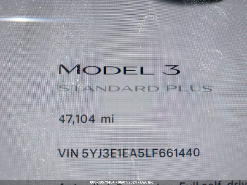 2020 Tesla Model 3 Standard Range Plus Rear-Wheel Drive/Standard Range Rear-Wheel Drive VIN: 5YJ3E1EA5LF661440 Lot: 39579484