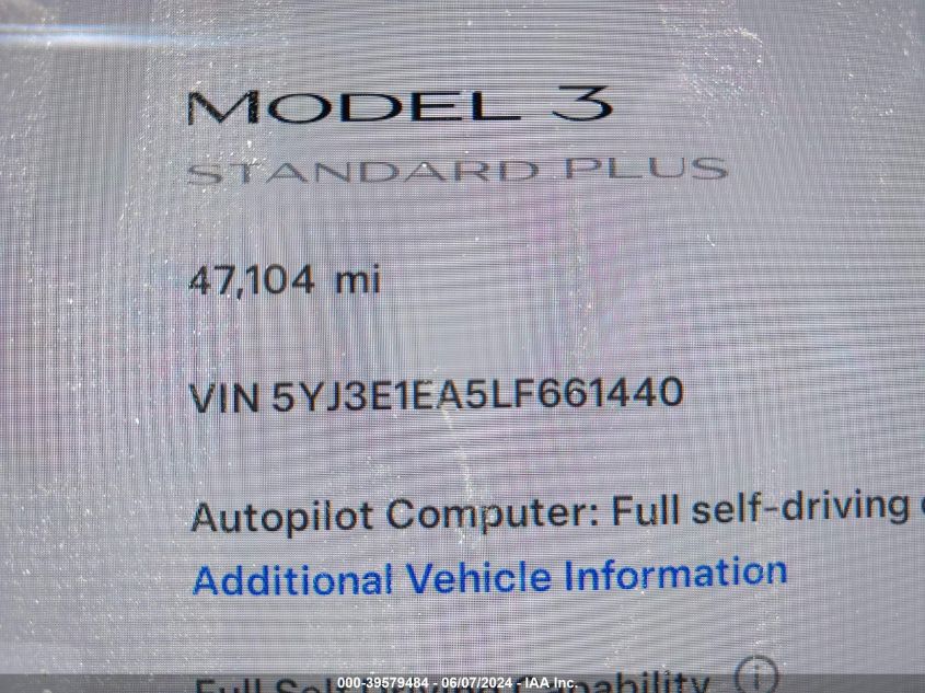 2020 Tesla Model 3 Standard Range Plus Rear-Wheel Drive/Standard Range Rear-Wheel Drive VIN: 5YJ3E1EA5LF661440 Lot: 39579484