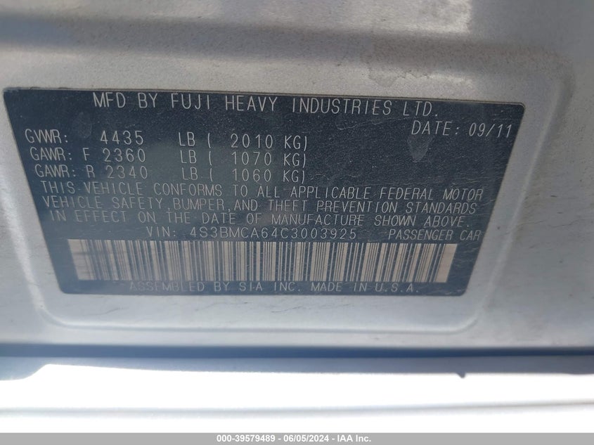 2012 SUBARU LEGACY VIN: 4S3BMCA64C3003925