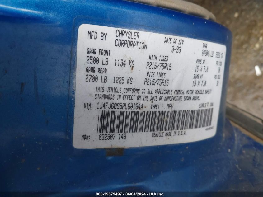 1993 Jeep Cherokee Sport VIN: 1J4FJ68S5PL601844 Lot: 39579497