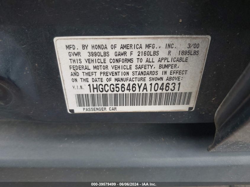 2000 Honda Accord 2.3 Lx VIN: 1HGCG5646YA104631 Lot: 39579499