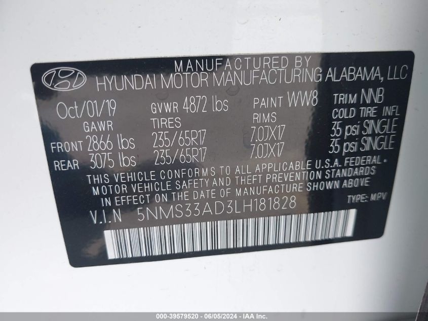 2020 Hyundai Santa Fe Sel VIN: 5NMS33AD3LH181828 Lot: 39579520
