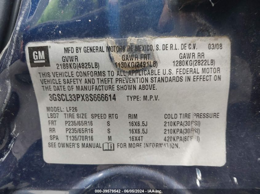 2008 Saturn Vue 4-Cyl Xe VIN: 3GSCL33PX8S666614 Lot: 39579542