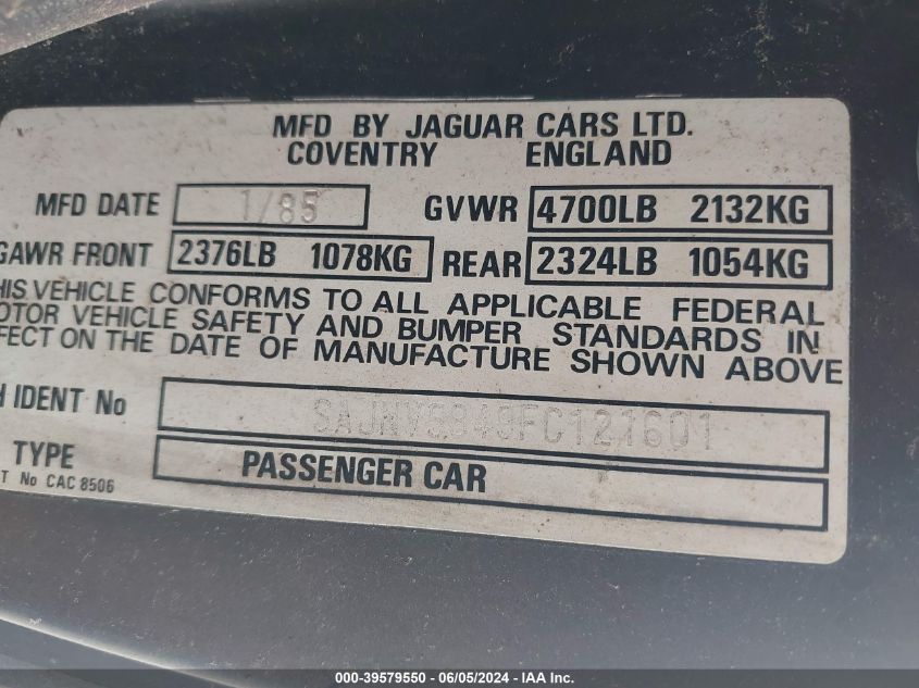 1985 Jaguar Xjs VIN: SAJNV5849FC121601 Lot: 39579550