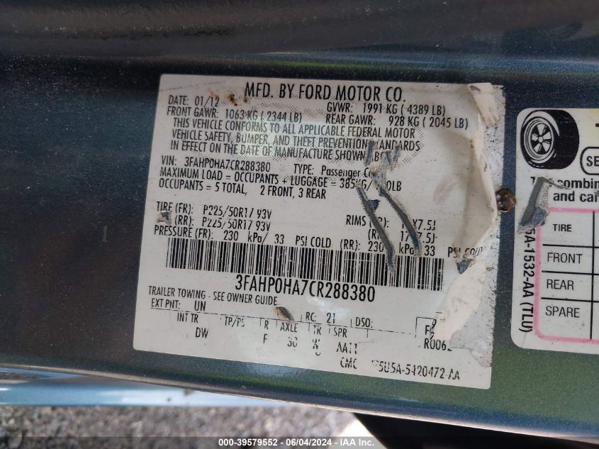 2012 Ford Fusion Se VIN: 3FAHP0HA7CR288380 Lot: 39579552