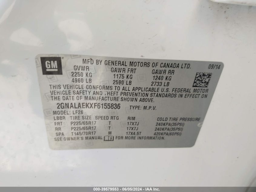 2GNALAEKXF6155836 2015 Chevrolet Equinox Ls