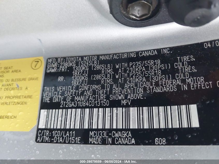 2004 Lexus Rx 330 VIN: 2T2GA31U84C013150 Lot: 39579559