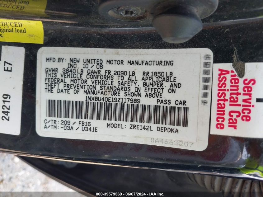 2009 Toyota Corolla Le VIN: 1NXBU40E19Z117989 Lot: 39579569