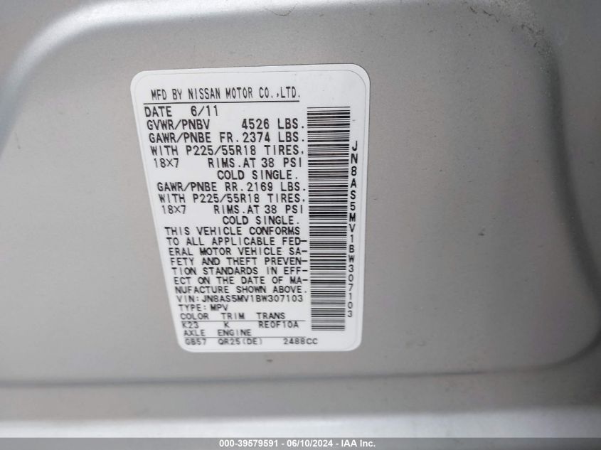 2011 Nissan Rogue Sv VIN: JN8AS5MV1BW307103 Lot: 39579591