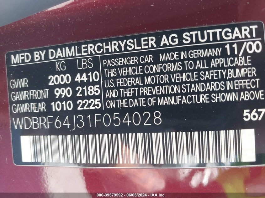 2001 Mercedes-Benz C 320 VIN: WDBRF64J31F054028 Lot: 39579592