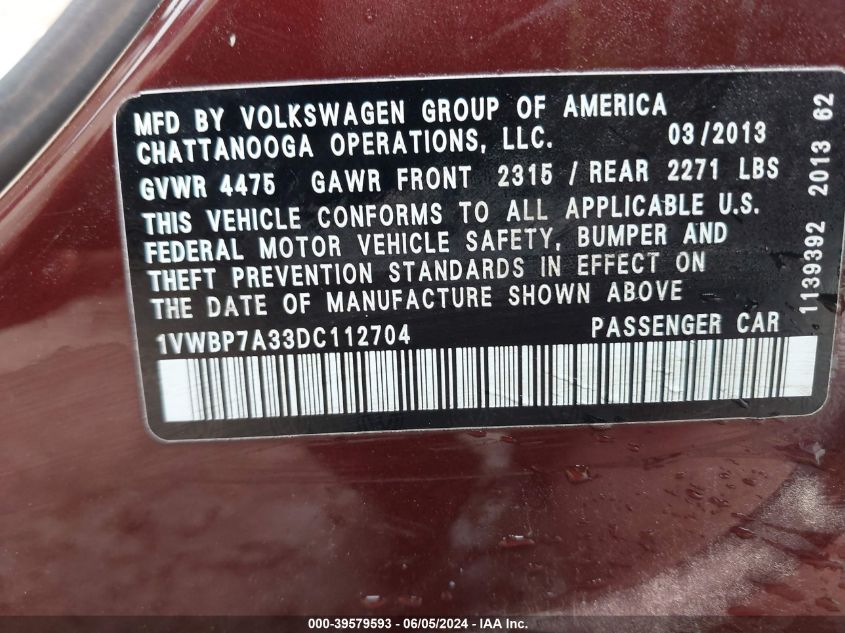 2013 Volkswagen Passat 2.5L Se VIN: 1VWBP7A33DC112704 Lot: 39579593