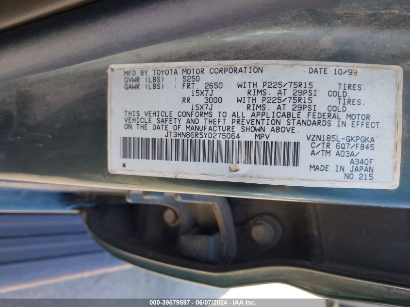 2000 Toyota 4Runner Sr5 V6 VIN: JT3HN86R5Y0275064 Lot: 39579597