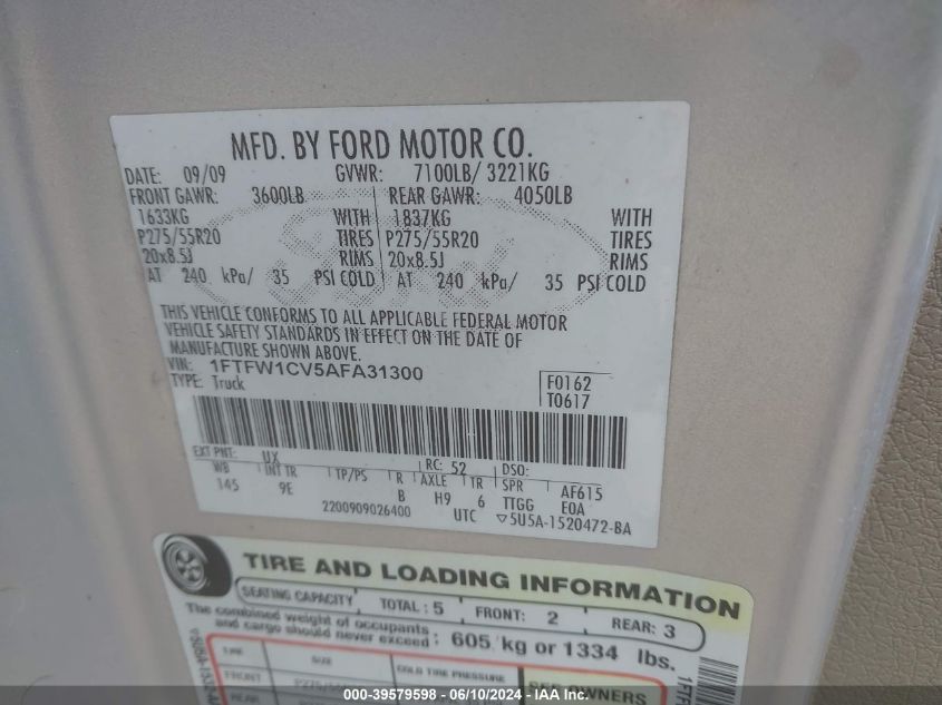 2010 Ford F-150 Fx2 Sport/Harley-Davidson/King Ranch/Lariat/Platinum/Xl/Xlt VIN: 1FTFW1CV5AFA31300 Lot: 39579598