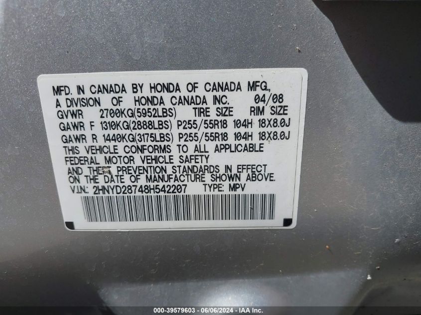 2008 Acura Mdx Sport Package VIN: 2HNYD28748H542207 Lot: 39579603