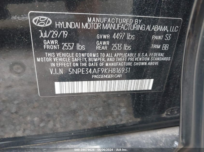 2019 Hyundai Sonata Limited/Sel/Sport VIN: 5NPE34AF9KH816931 Lot: 39579626