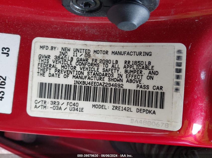 2010 Toyota Corolla Le VIN: 1NXBU4EE0AZ294692 Lot: 39579630