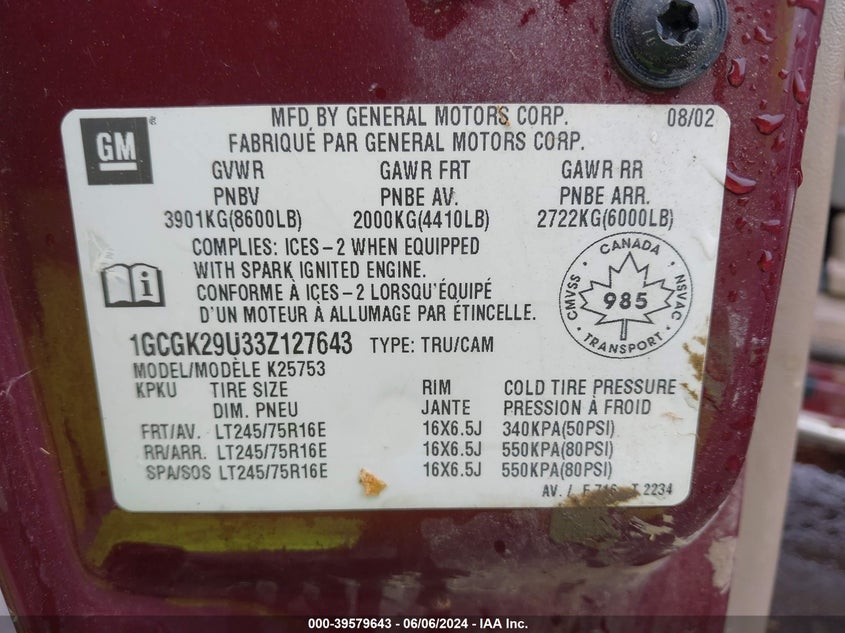 2003 Chevrolet Silverado 2500 Ls/Lt VIN: 1GCGK29U33Z127643 Lot: 39579643