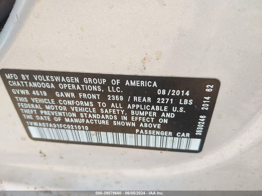 2015 Volkswagen Passat 1.8T S VIN: 1VWAS7A31FC021010 Lot: 39579660