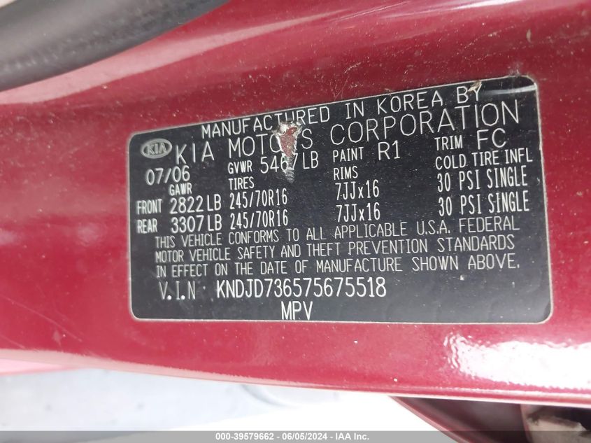2007 Kia Sorento Lx VIN: KNDJD736575675518 Lot: 39579662
