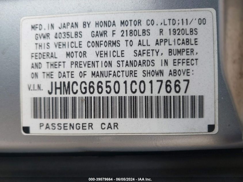 2001 Honda Accord 2.3 Lx VIN: JHMCG66501CO17667 Lot: 39579664