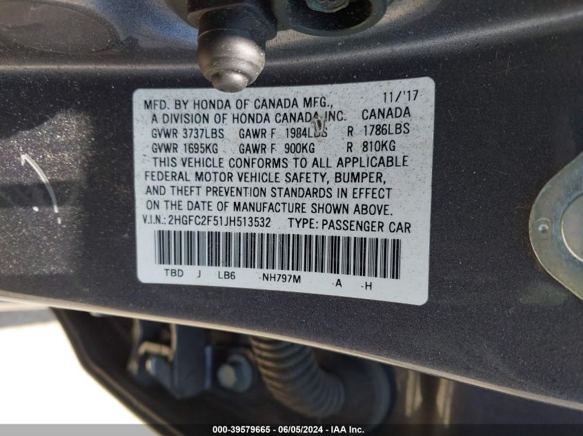 2018 Honda Civic Lx VIN: 2HGFC2F51JH513532 Lot: 39579665