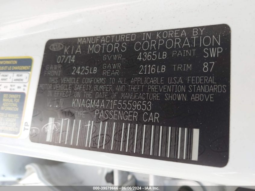 2015 Kia Optima Lx VIN: KNAGM4A71F5559653 Lot: 39579666