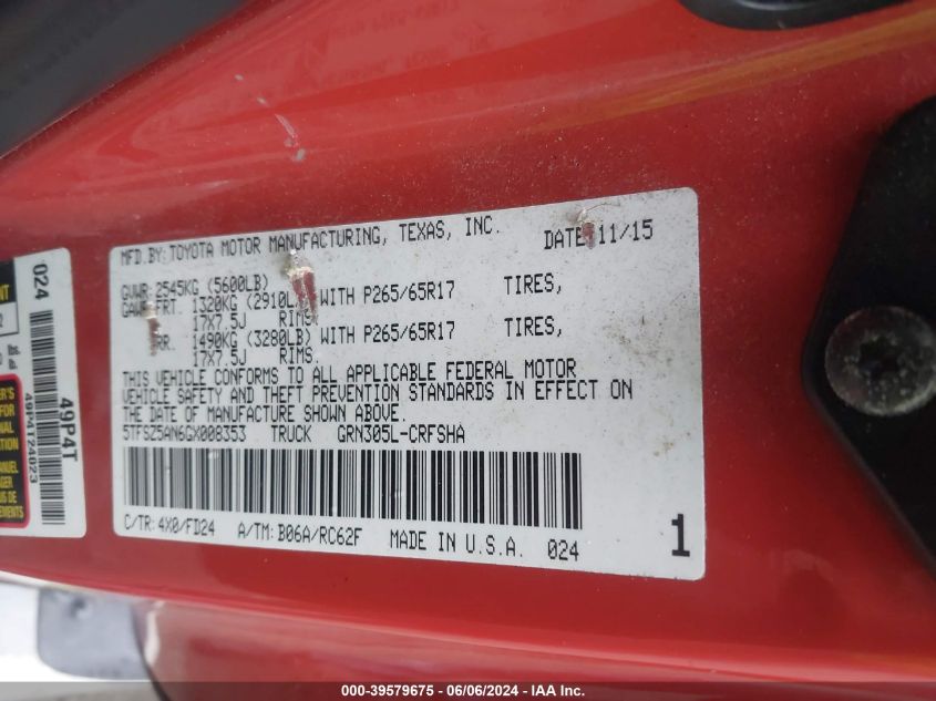 2016 Toyota Tacoma Trd Sport VIN: 5TFSZ5AN6GX008353 Lot: 39579675