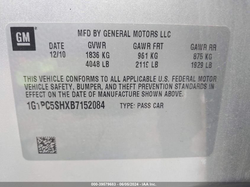 2011 Chevrolet Cruze Ls VIN: 1G1PC5SHXB7152084 Lot: 39579683