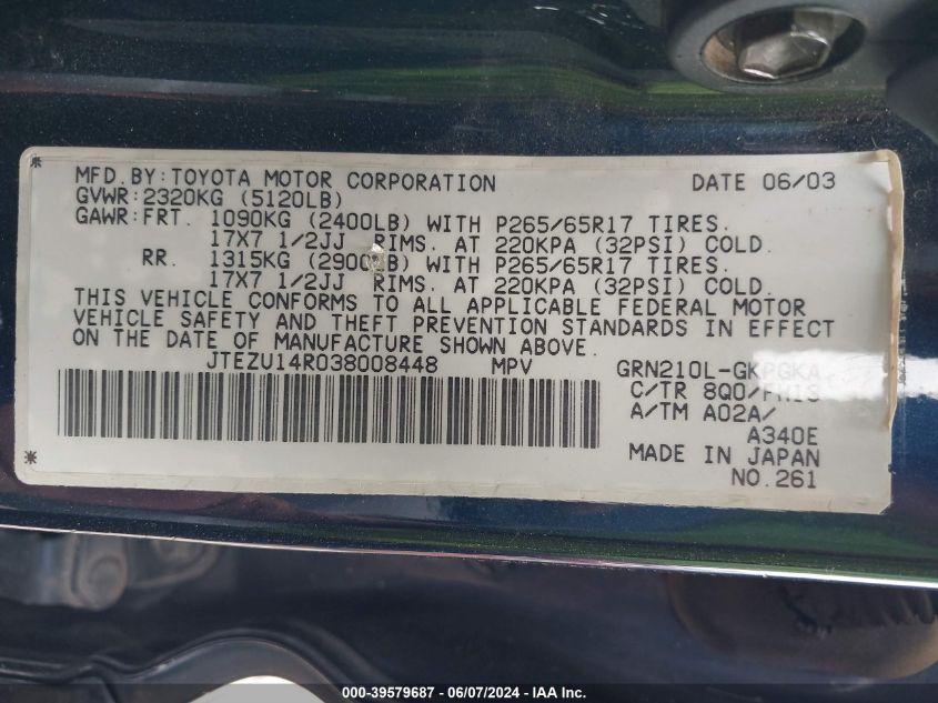 2003 Toyota 4Runner Sr5 Sport V6 VIN: JTEZU14R038008448 Lot: 39579687