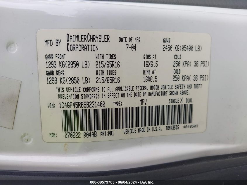 2005 Dodge Caravan Sxt VIN: 1D4GP45R85B231400 Lot: 39579703