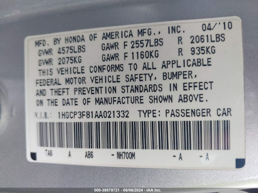 2010 Honda Accord 3.5 Ex-L VIN: 1HGCP3F81AA021332 Lot: 39579721