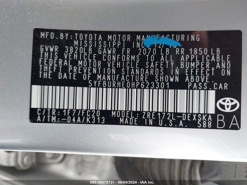 2017 Toyota Corolla Se VIN: 5YFBURHE0HP623301 Lot: 39579731