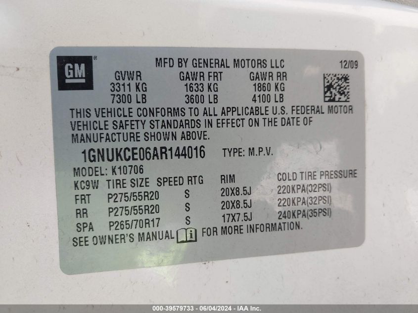 2010 Chevrolet Tahoe Ltz VIN: 1GNUKCE06AR144016 Lot: 39579733