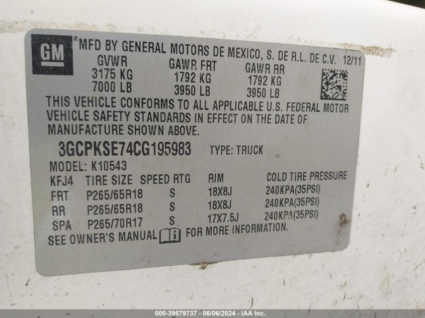 2012 Chevrolet Silverado 1500 Lt VIN: 3GCPKSE74CG195983 Lot: 39579737