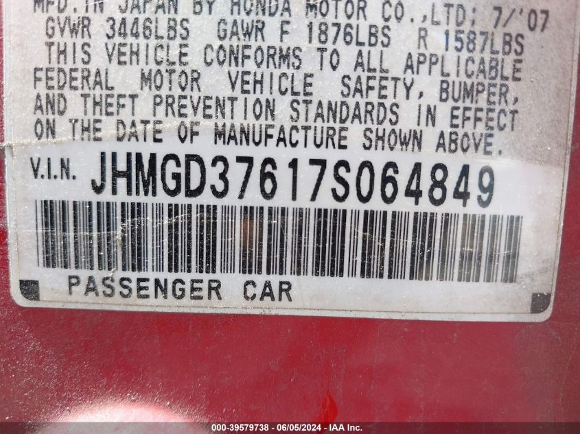 2007 Honda Fit Sport VIN: JHMGD37617S064849 Lot: 39579738