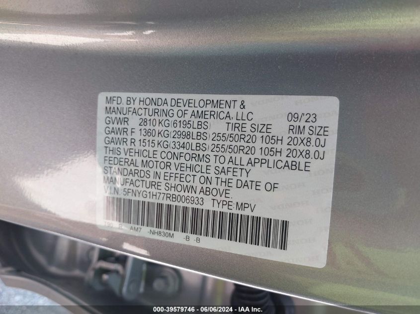 2024 Honda Pilot Awd Touring VIN: 5FNYG1H77RB006933 Lot: 39579746