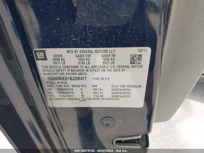 2011 Chevrolet Traverse 1Lt VIN: 1GNKRGED1BJ308477 Lot: 39579755
