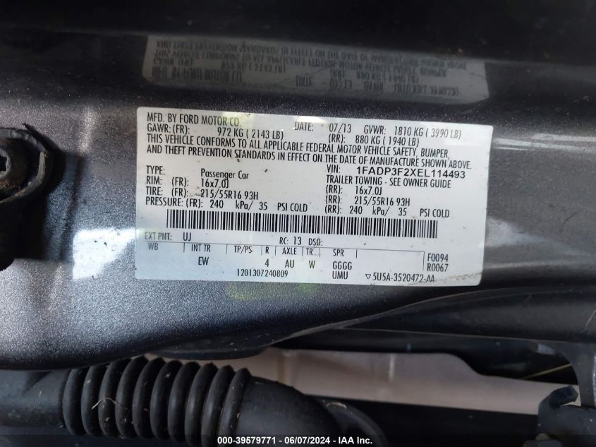 2014 Ford Focus Se VIN: 1FADP3F2XEL114493 Lot: 39579771