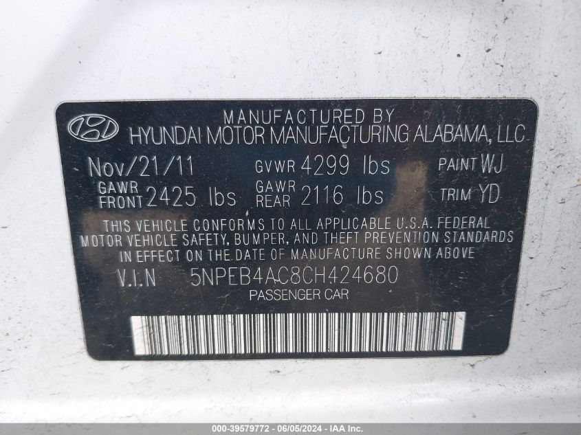 5NPEB4AC8CH424680 2012 Hyundai Sonata Gls