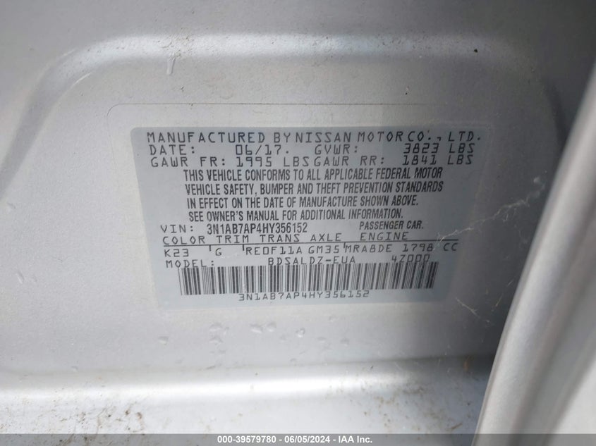 2017 Nissan Sentra Sv VIN: 3N1AB7AP4HY356152 Lot: 39579780