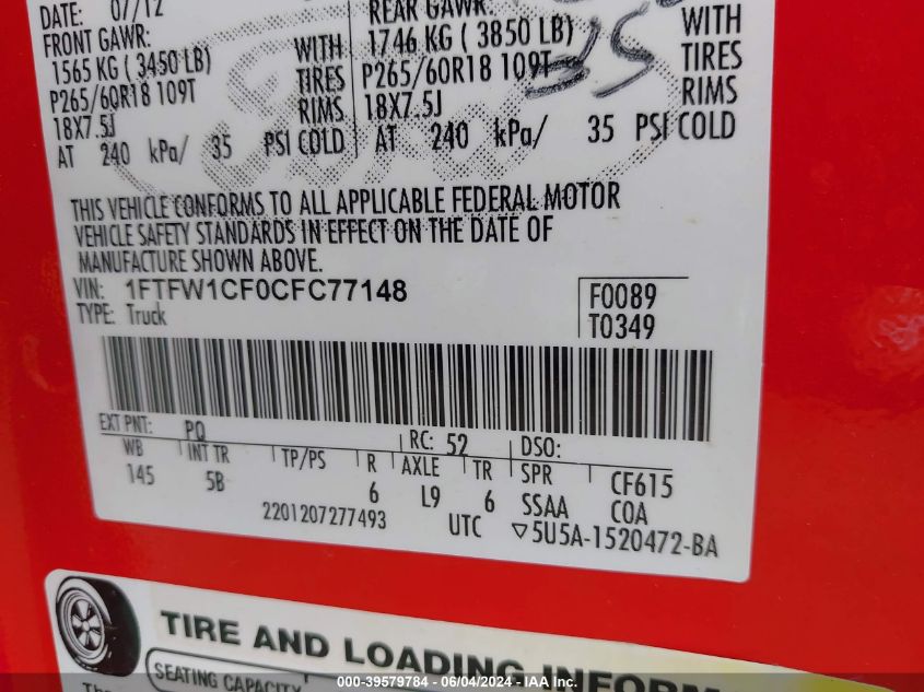 2012 Ford F-150 Fx2 VIN: 1FTFW1CF0CFC77148 Lot: 39579784