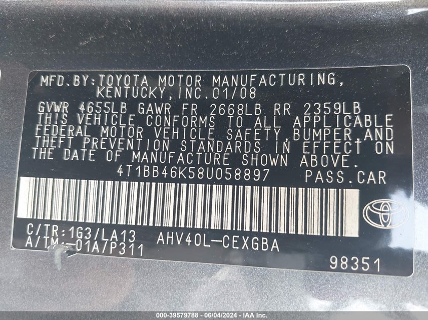 2008 Toyota Camry Hybrid VIN: 4T1BB46K58U058897 Lot: 39579788