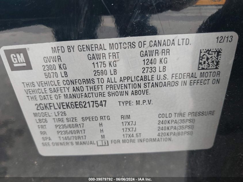 2014 GMC Terrain Sle-1 VIN: 2GKFLVEK6E6217547 Lot: 39579792