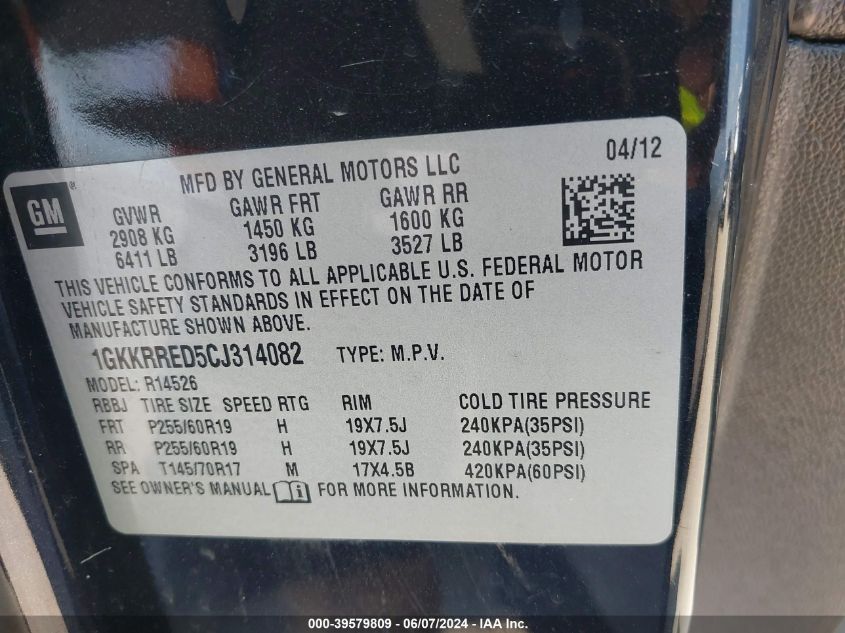 2012 GMC Acadia Slt-1 VIN: 1GKKRRED5CJ314082 Lot: 39579809